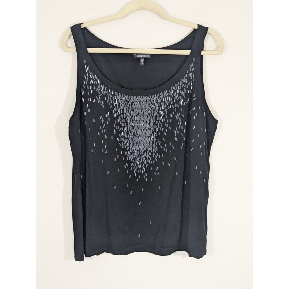 Eileen Fisher Women's Tank Top Black Sequin Front 100% Merino Wool Size XL